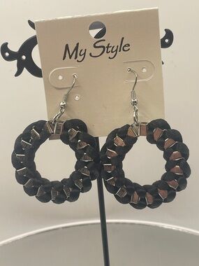Black Braided Hoop Earrings with Silver Accents 1.5” hook style dangle